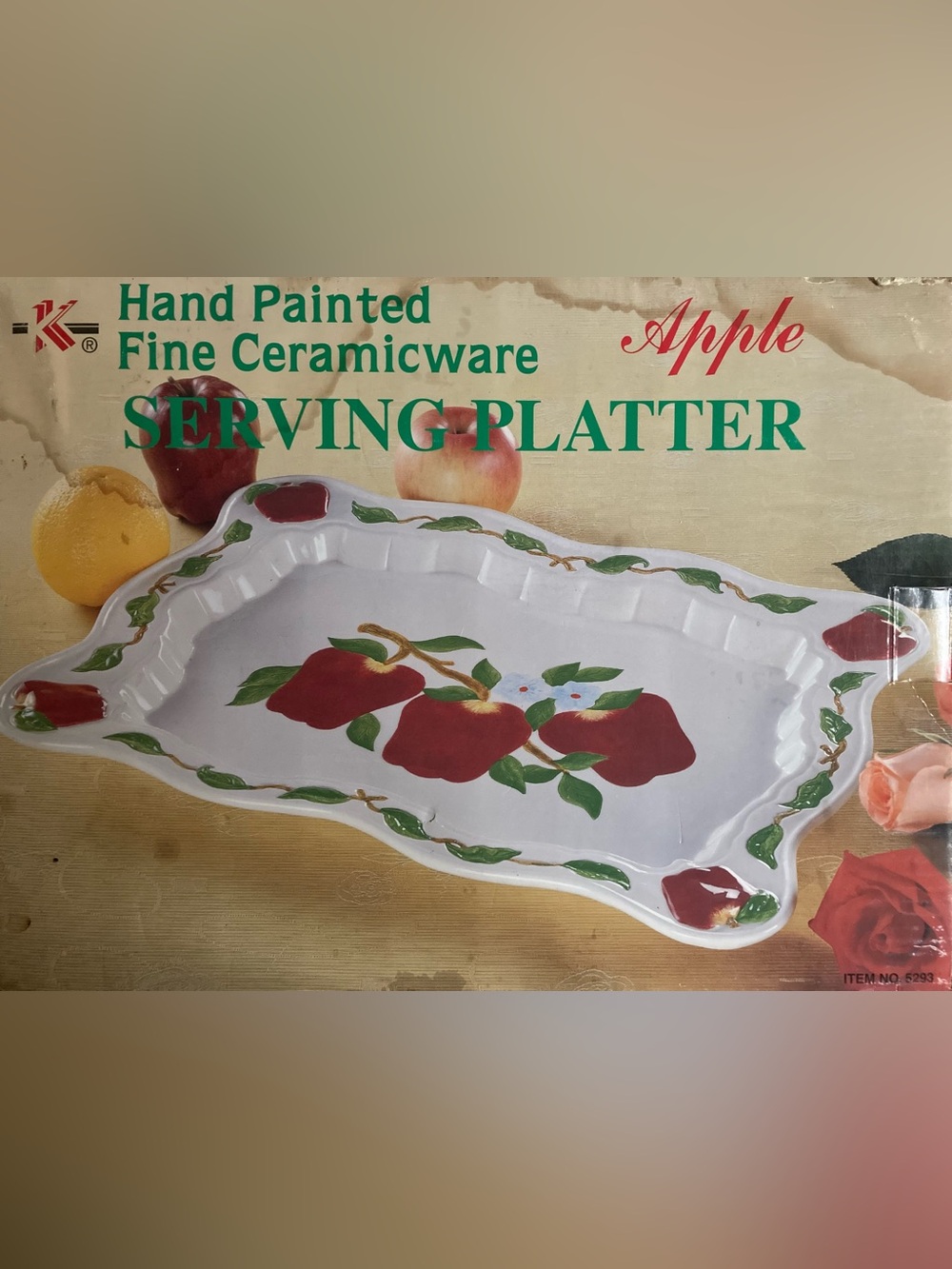 Hand-Painted Apple Ceramic Serving Platter - White with Red and Green Accents